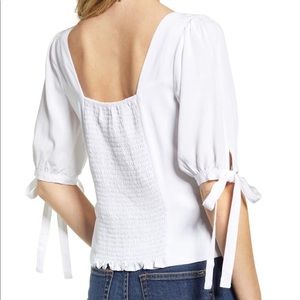 Tie sleeve front button white blouse